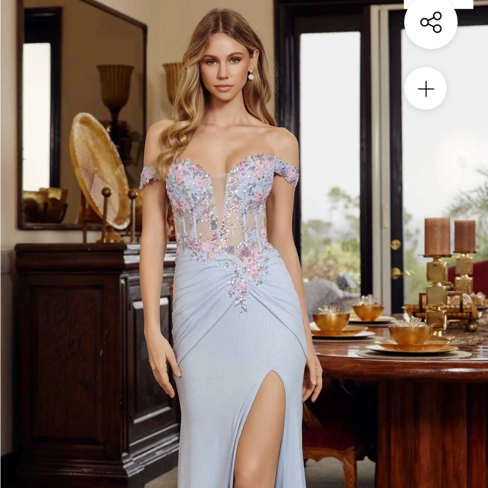 Off-Shoulder Light Blue Embellished Evening Dress